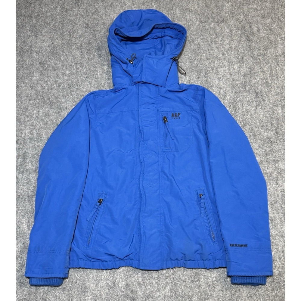 Abercrombie & Fitch Solid Blue Rain Coat Hooded Full Zip Jacket L Fleece Lined